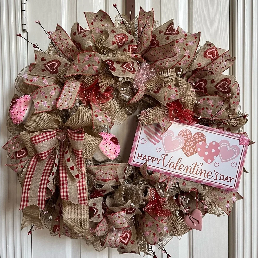 HUGE Valentines Day Wreath 28” Burlap Farmhouse Rustic Pink Red Hearts XLARGE